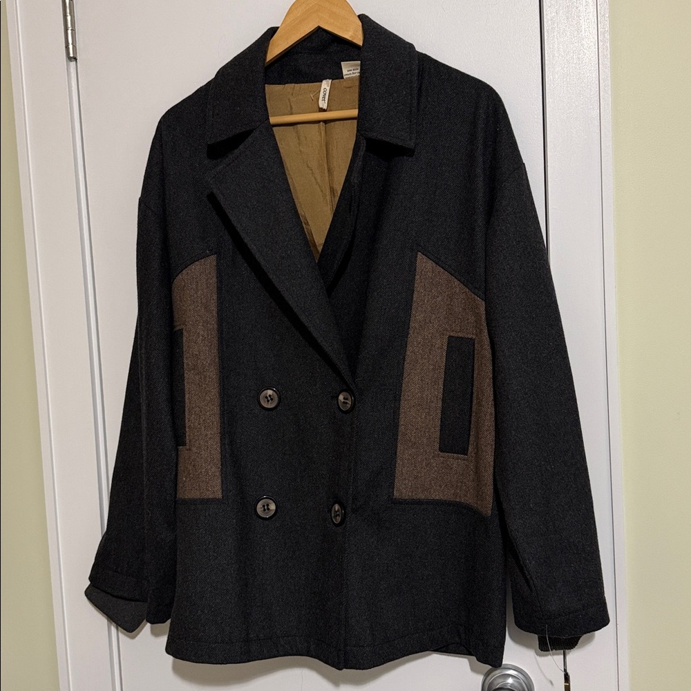 Covet Gray Brown Wool Silk Color Block Doublebreasted Women's PeaCoat Size:M